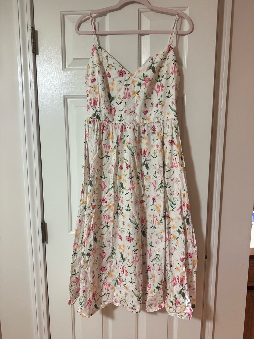 H&M White Floral Midi Dress with Pink and Yellow Blooms